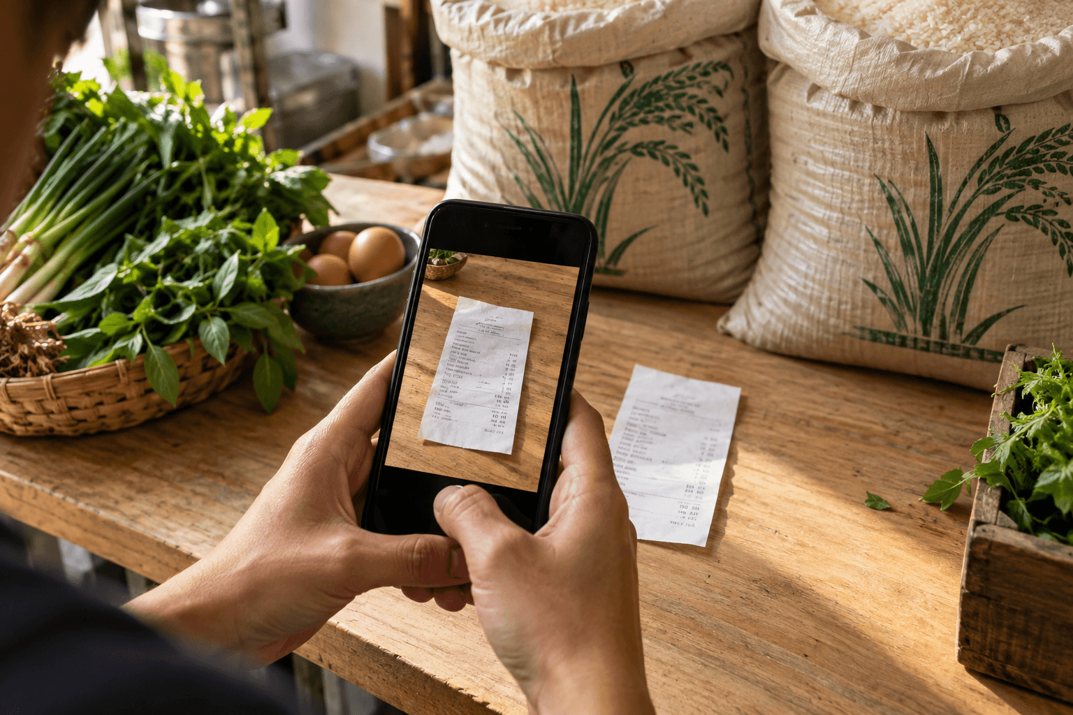 ใช้โทรศัพท์ถ่ายบิลซื้อวัตถุดิบที่เคาน์เตอร์รับของในร้านอาหาร