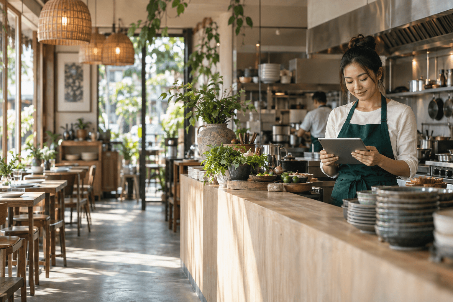 เจ้าของร้านอาหารใช้แท็บเล็ตที่เคาน์เตอร์ในร้าน