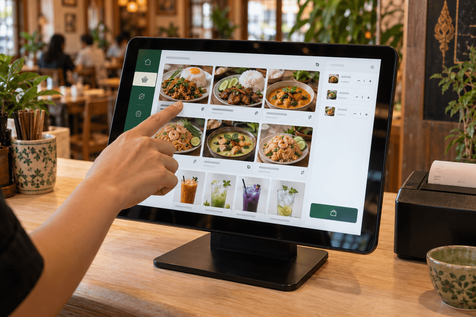 พนักงานเลือกเมนูอาหารบนหน้าจอ POS ที่เคาน์เตอร์ร้าน