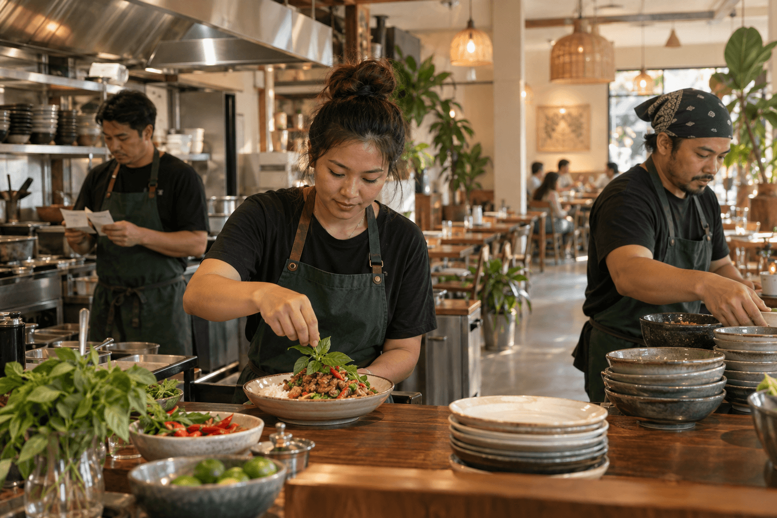 ทีมร้านอาหารทำงานร่วมกัน เตรียมและจัดจานอาหารก่อนเปิดบริการ